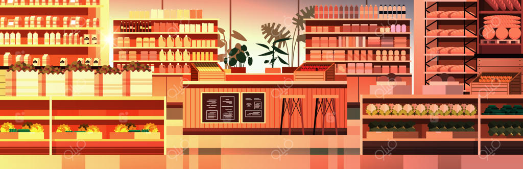 سوپرمارکت مواد غذایی با قفسه‌های محصولات: مفهوم خرده‌فروشی و مصرف‌گرایی در دکوراسیون مدرن فروشگاه