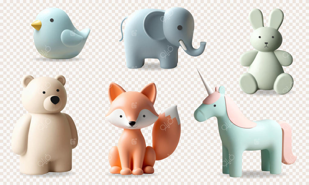 مجموعه رندر سه‌بعدی با حیوانات بامزه: اسباب‌بازی‌های سه‌بعدی کودکان شامل خرس، خرگوش، یونیکورن، روباه، فیل و پرنده در رنگ‌های پاستلی