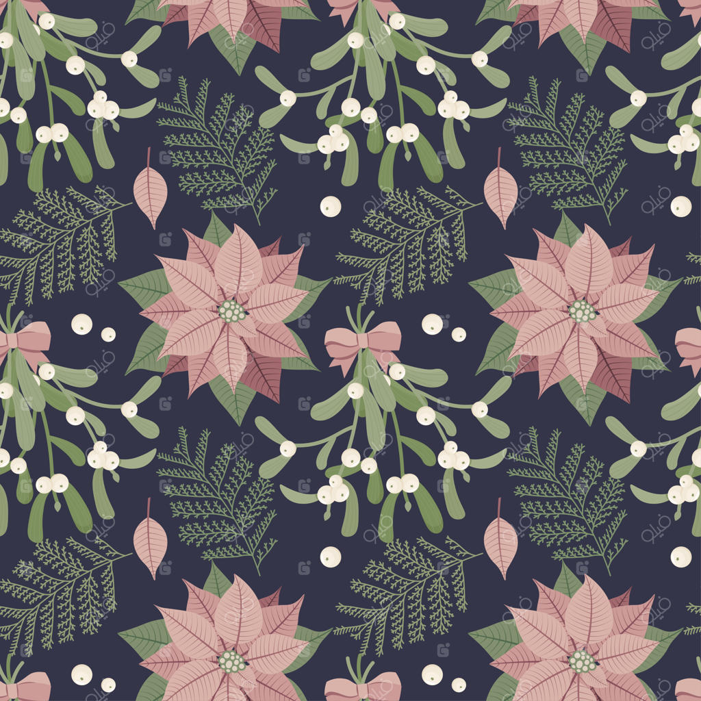 طرح گل کریسمس یکپارچه با پونستیا و خار مقدس - تصویرسازی وکتور به سبک دست‌کشیده