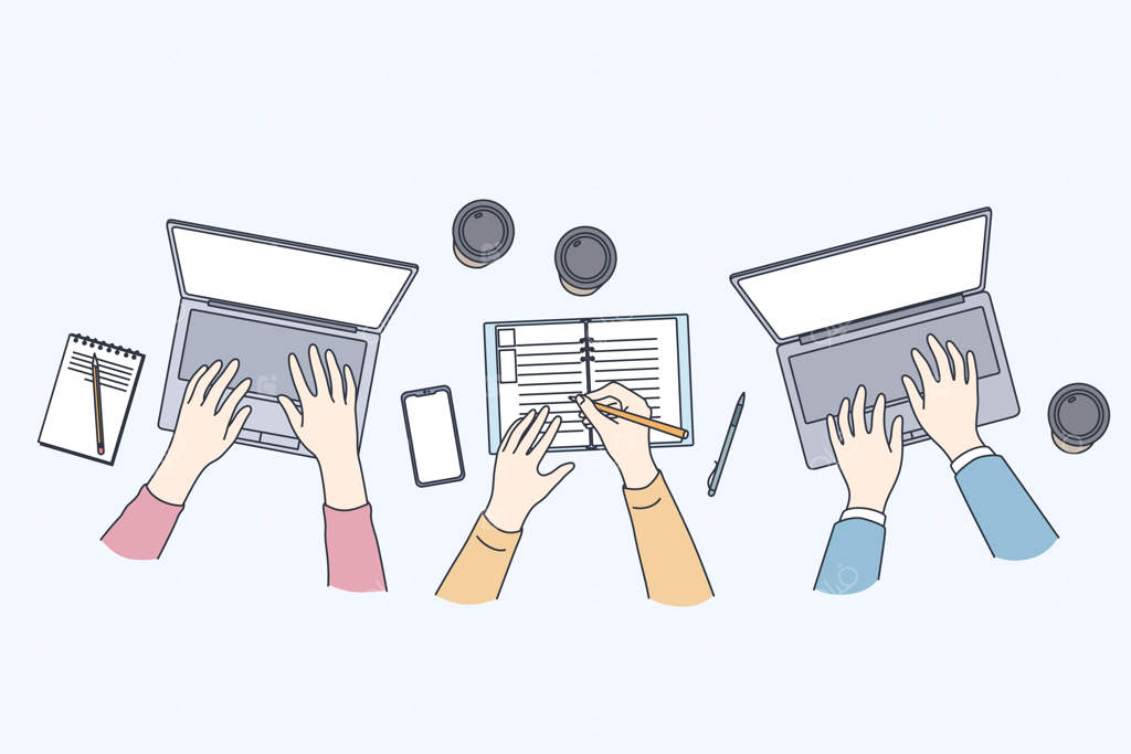 تصویر جلسه کاری با لپ‌تاپ‌، نمای بالا