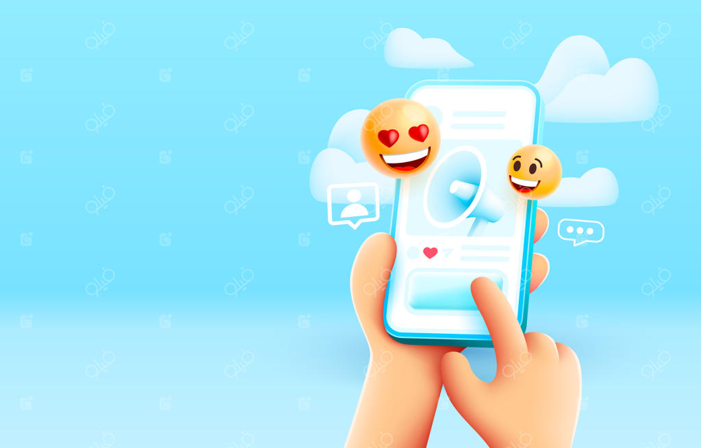 بلندگوهایی شبیه به آیکون‌ها، شبکه‌های اجتماعی برای ارتباط مردم. تصویر برداری.