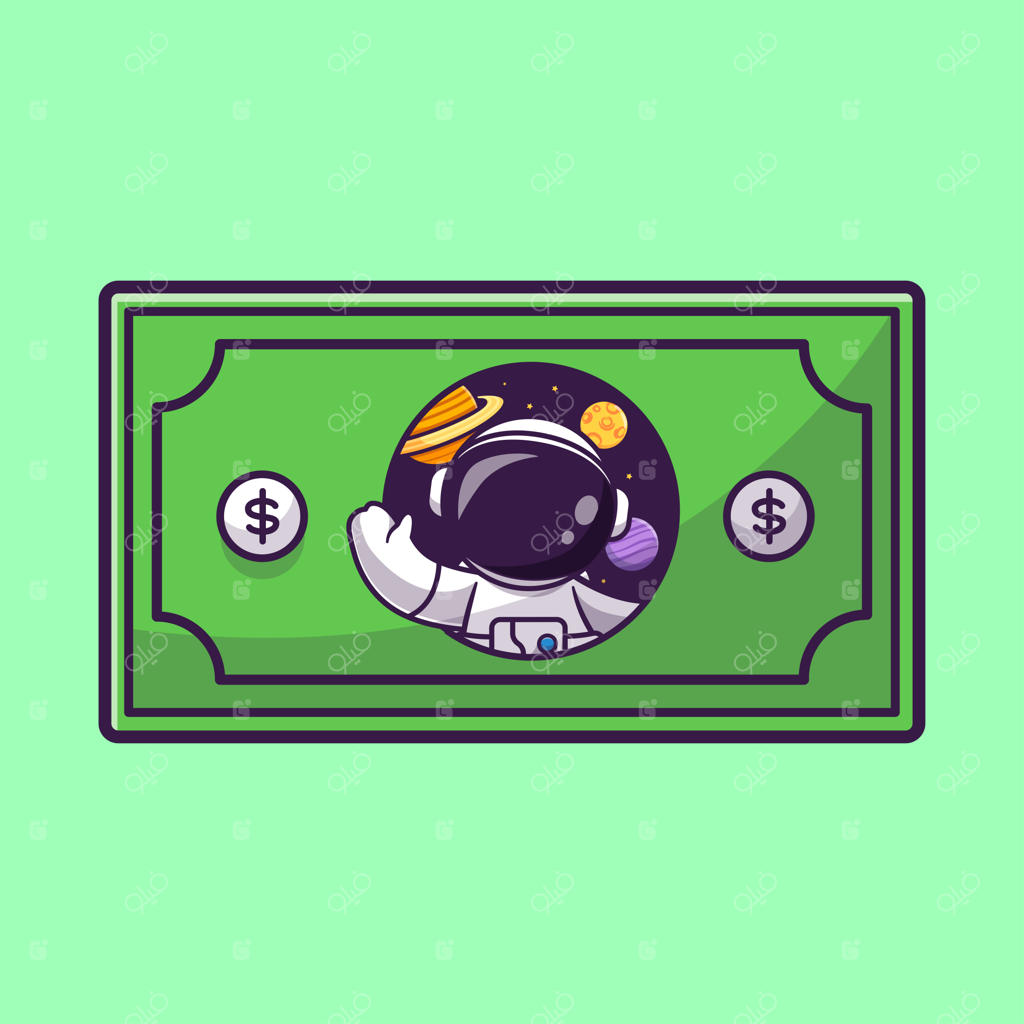 تصویر وکتور بامزه‌ی فضانورد در حال دست تکان دادن روی پول - نماد تجارت و علم در ایزوله