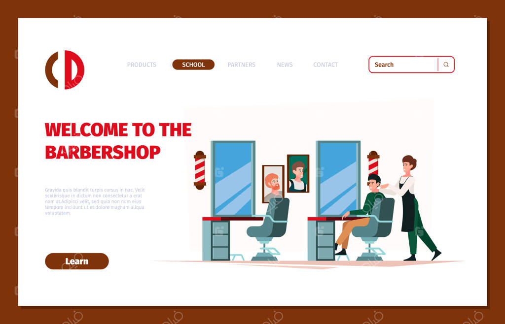 پترن صفحه وب حرفه‌ای آرایشگاه، کارمندان با ابزارهای تخصصی نظیر قیچی، تیغ و سشوار، طراحی جلف همراه با فضای متنی