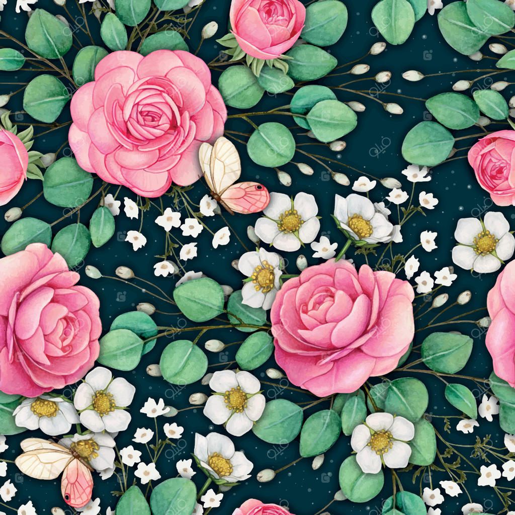 پترن یکپارچه گل‌های کاملیا و گل‌های سفید نقاشی شده با آبرنگ