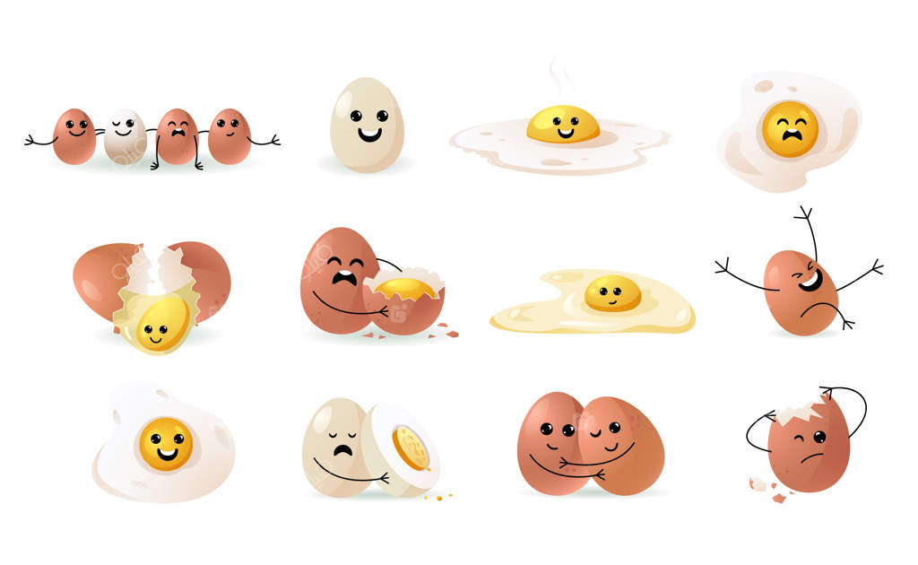 صورتک‌های بامزه تخم‌مرغ کارتونی - شخصیت‌های خنده‌دار، ایموجی‌های کودکانه برای عید پاک وکتور مجموعه‌ای از استیکرهای احساسی