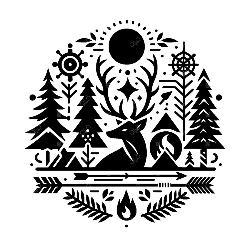 نشان دایره‌ای سیاه و سفید از گوزن زیبا در طبیعت با درختان، خورشید و پیکان.