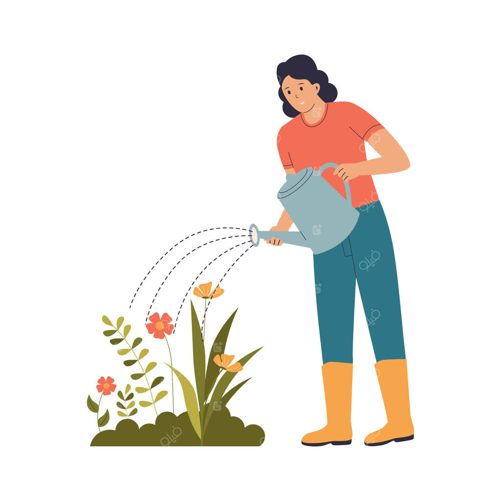 تصویرسازی باغبانی که به گل‌ها آب می‌دهد