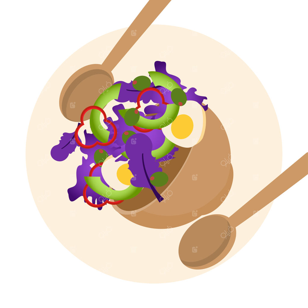 سالاد بنفش تازه در کاسه چوبی با کاهو بنفش، اسفناج، آووکادو، تخم‌مرغ و فلفل دلمه‌ای