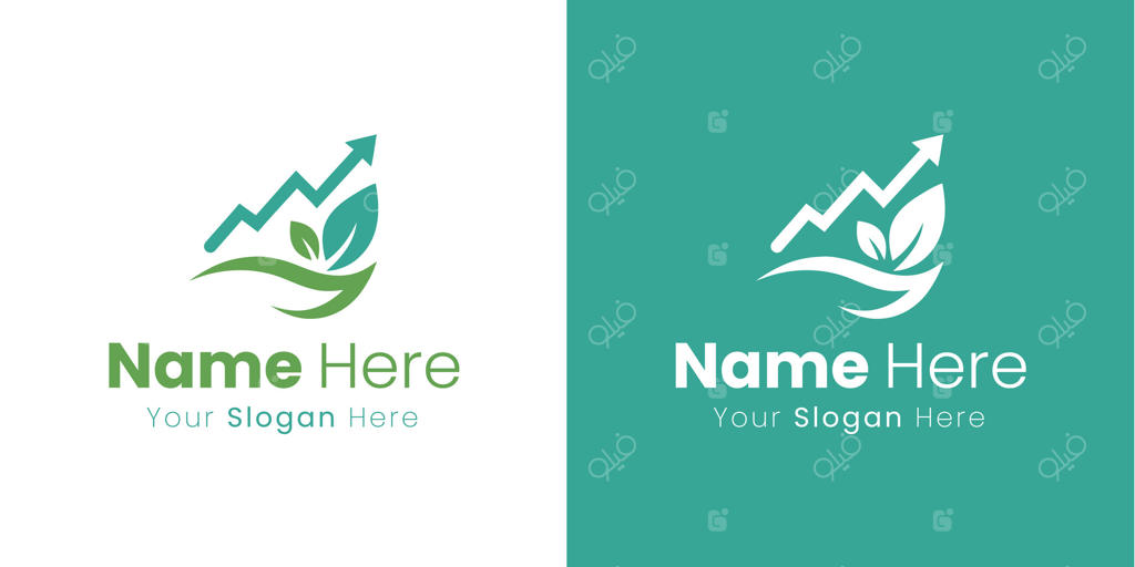 طراحی لوگوی هویت تجاری با نماد پیکان رشد و برگ به سبک مدرن و انتزاعی