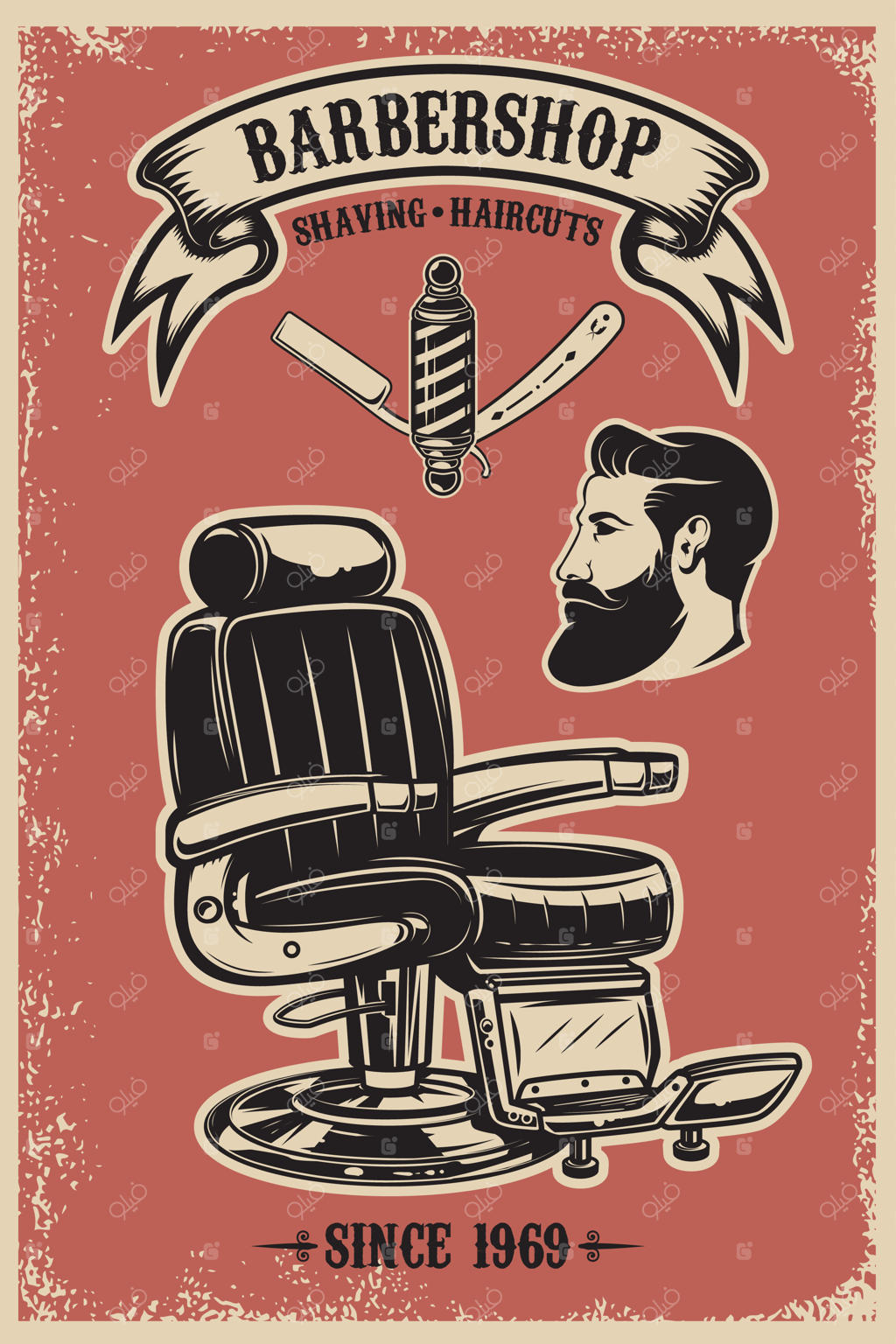 قالب پوستر آرایشگاه مردانه با تصویر صندلی و ابزار اصلاح در پس‌زمینه گرانج؛ المان طراحی برای نشان، تابلو و کارت ویزیت