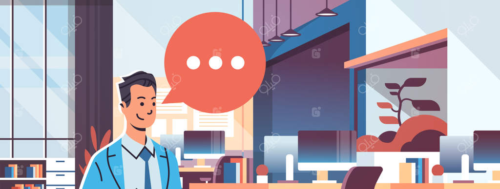 تاجر با تبلت و آیکون حباب گفت‌وگو