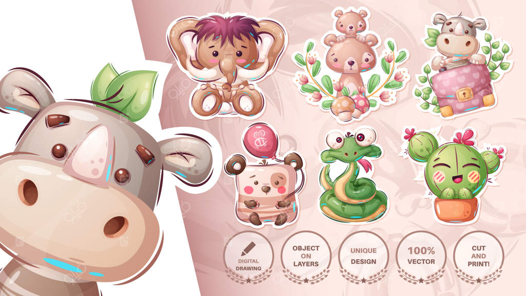 تصویر وکتور استیکر شخصیت کارتونی حیوان بامزه (EPS 10)