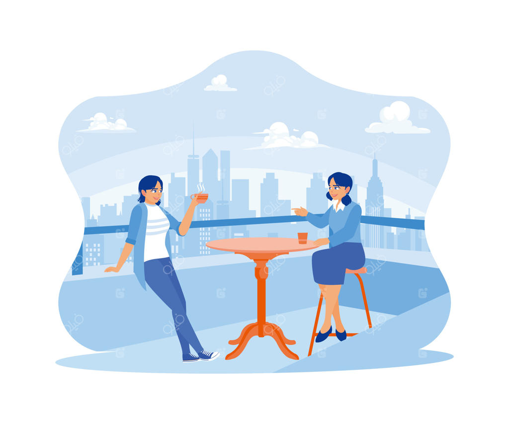 دو زن در باغ بام در حال استراحت، قهوه نوشیده و شادمان لبخند می‌زنند. دوستان خندان در خانه چای می‌نوشند. تصویر مدرن وکتور تخت.