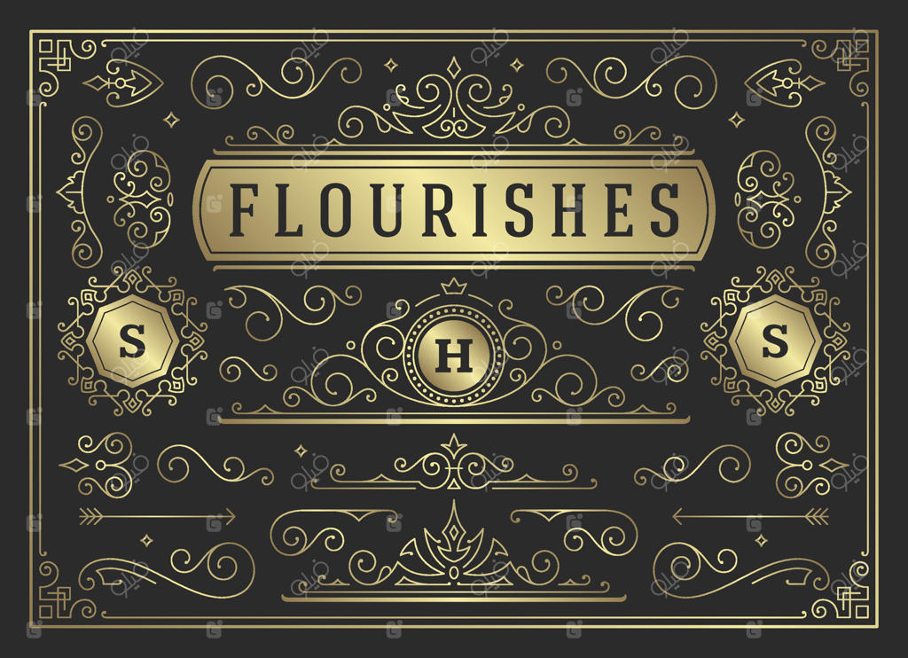 مجموعه عناصر طراحی قدیمی با تزئینات مارپیچ و پیچک، ترکیب‌های خطاطی تزیینی و پرزرق و برق