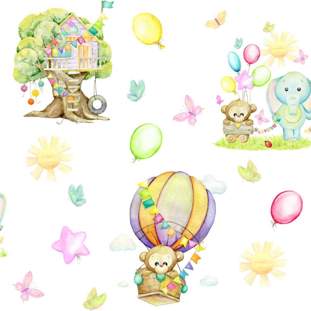 الگوی بدون درز فیل، میمون، بادکنک، خانه درختی، پروانه‌ها و خورشید با آبرنگ روی پس‌زمینه‌ای ایزوله‌شده
