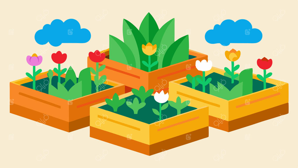 باغچه‌های برجسته جامعه‌ای پویا شامل چندین باغچه برجسته پر از گل‌های رنگارنگ و سبزیجات که در ارتفاعات مختلف برای دسترسی آسان قرار گرفته‌اند.