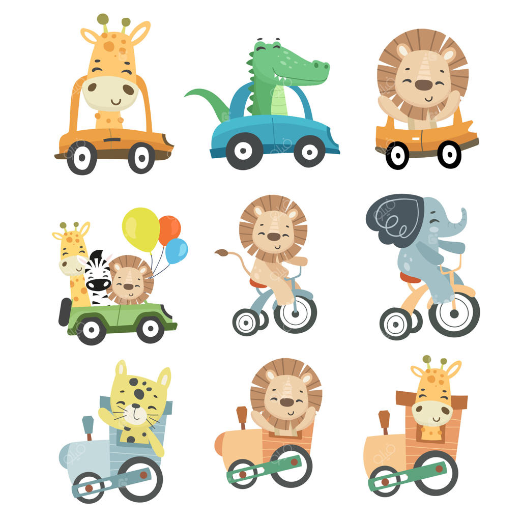 شخصیت‌های بامزه حیوانی در ماشین‌ها و دوچرخه‌های وکتوری حرفه‌ای