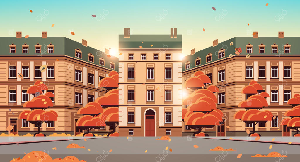 خیابان شهری پاییزی با نمای مدرن ساختمان‌ها و چشم‌انداز شهری پس‌زمینه