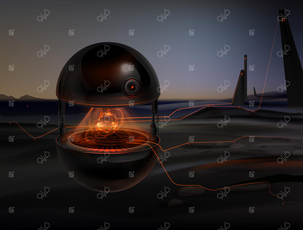 دستیار پهپادی خیالی با رابط درخشان نارنجی در حال اسکن محیط