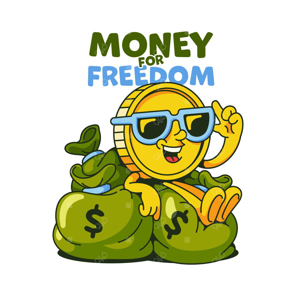 تصویر وکتور طراحی: طلای کارتونی به شکل سکه که روی کیسه پول نشسته است