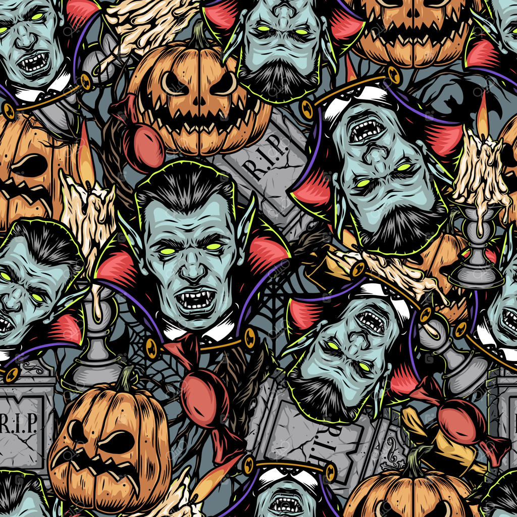 پترن بدون درز و وینتج عناصر هالووین با سر خون‌آشام