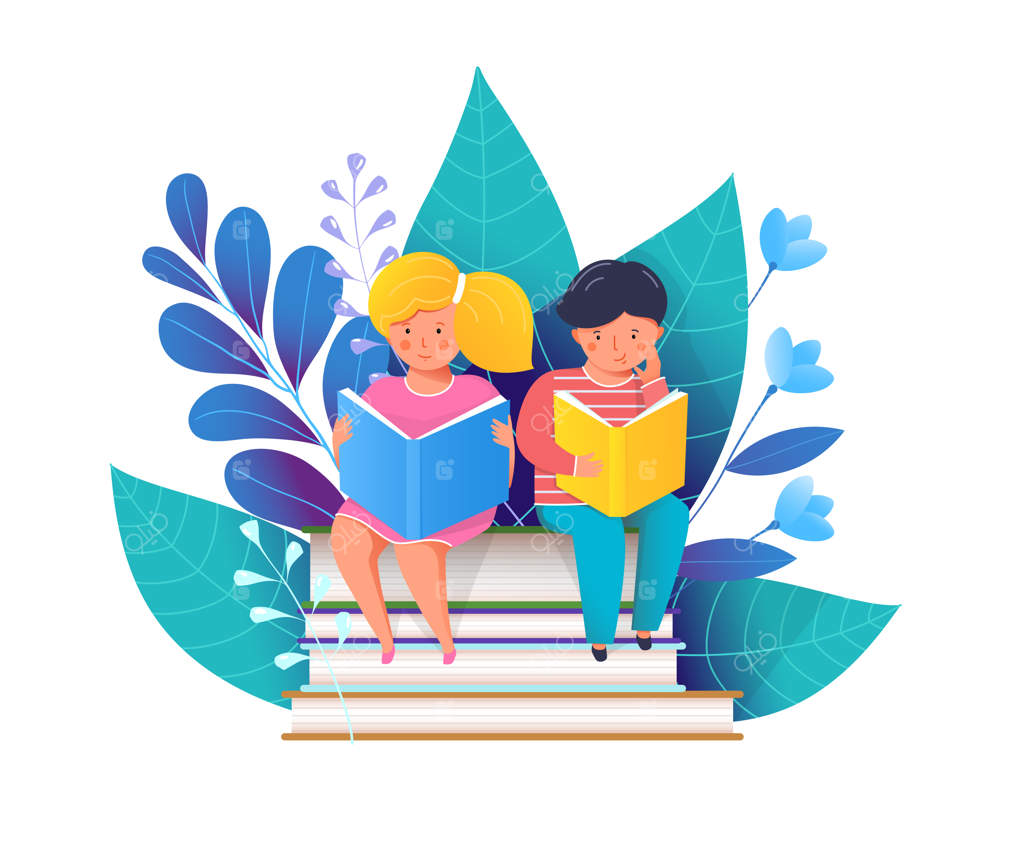 تصویرسازی تخت کودکان در حال کتاب‌خوانی