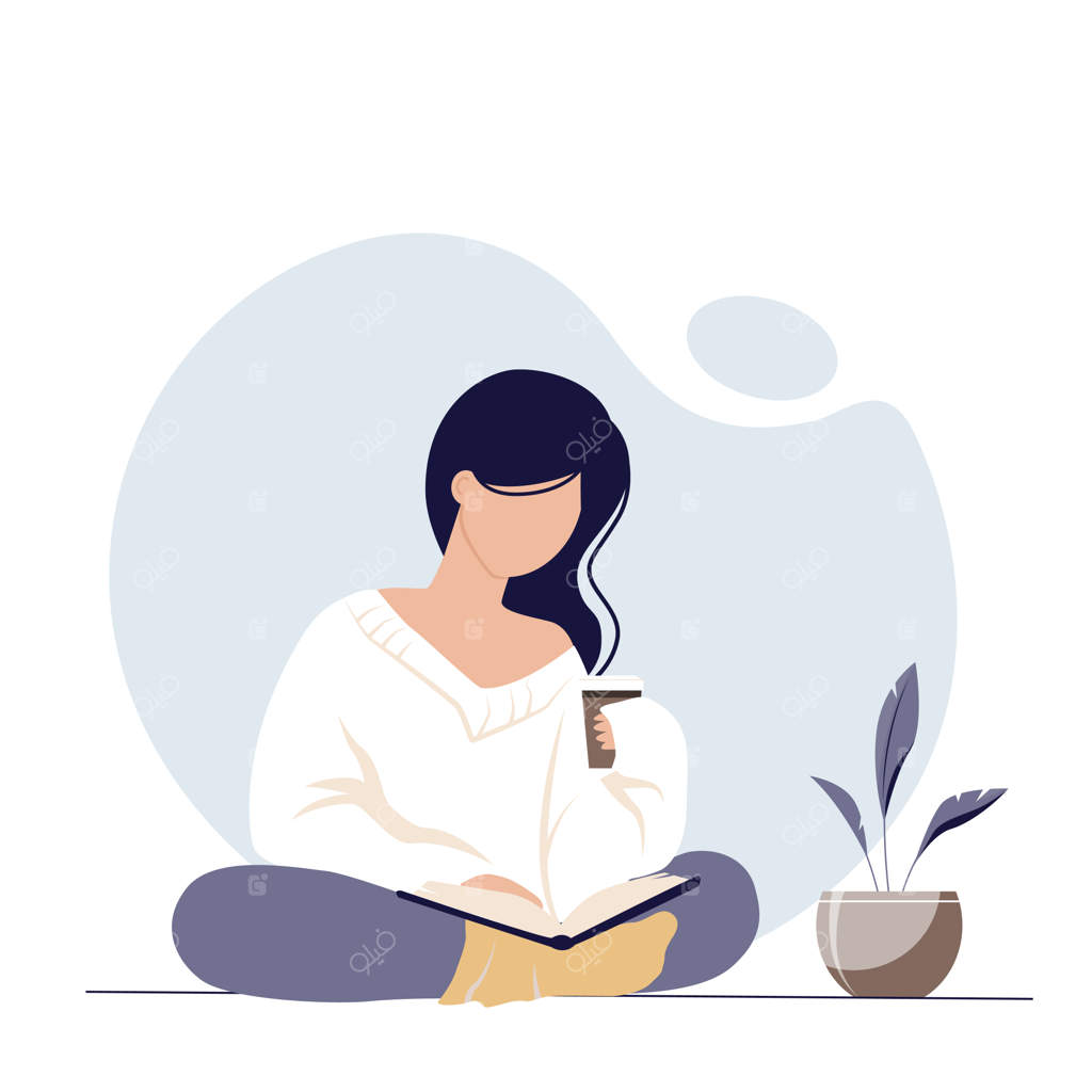 زن جذاب و خیالی در حال خواندن کتاب و نوشیدن قهوه.