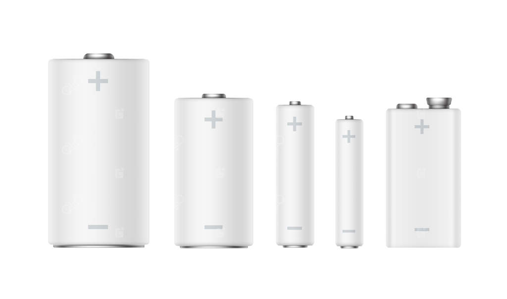 مجموعه وکتور باتری‌های قلیایی سفید مات در اندازه‌های مختلف