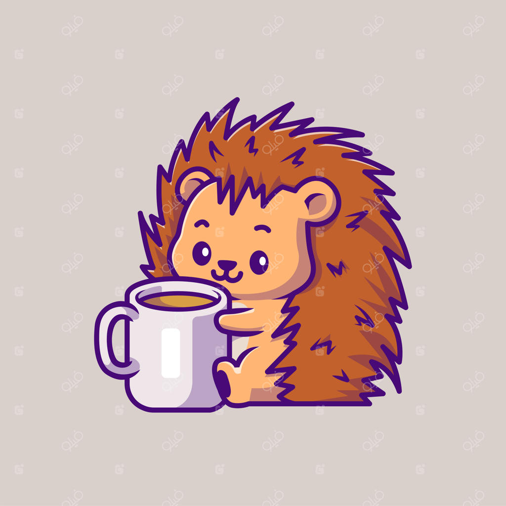 تصویر کارتونی جوجه‌تیغی بامزه در حال نوشیدن قهوه داغ. آیکون حیوانات و نوشیدنی به صورت تخت و ایزوله شده.