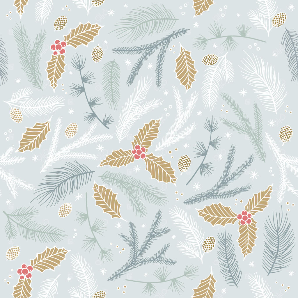 پترن یکپارچه کریسمس: شاخه‌های کاج، توت‌های قرمز، دانه‌های برف. کاغذ دیجیتال تبریک فصل زمستان و تعطیلات کریسمس