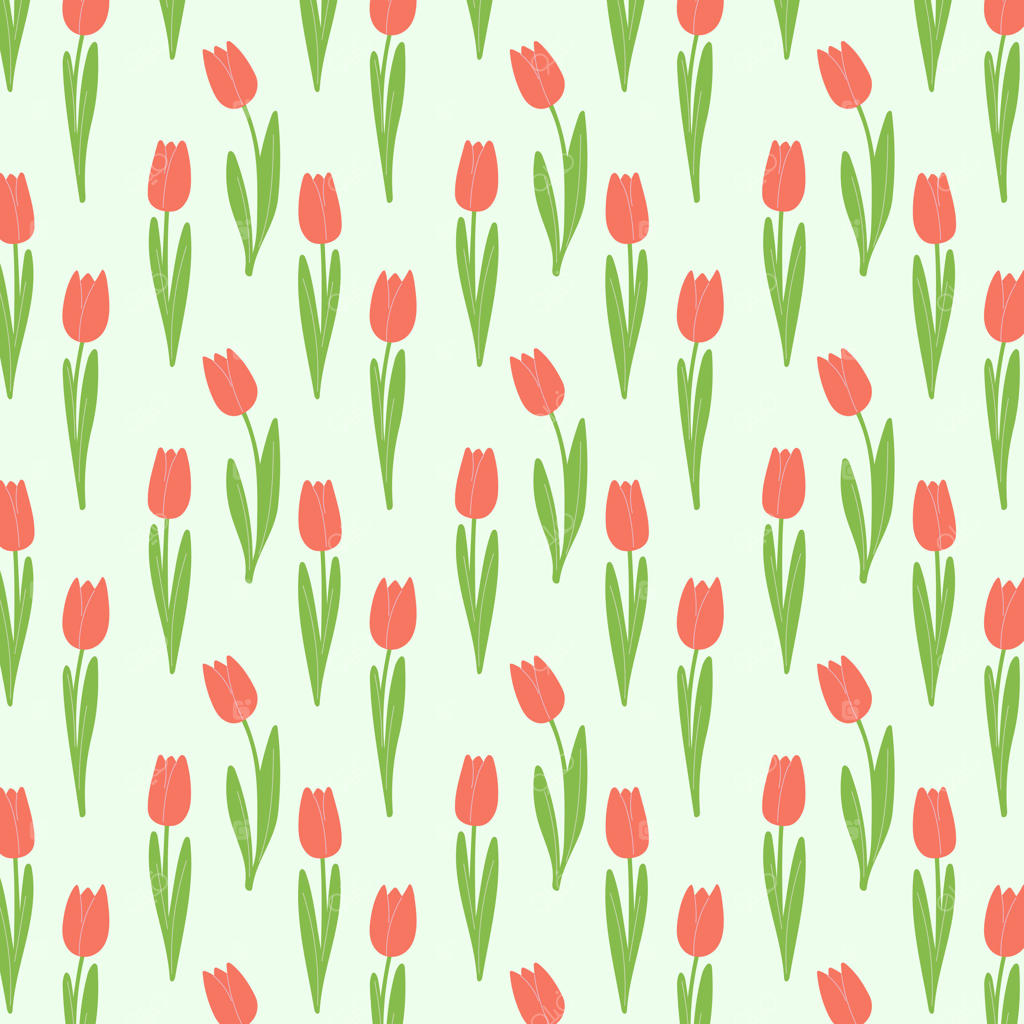 پترن بهاری با گل‌های لاله، نقاشی دستی گل‌ها با برگ‌ها، روی زمینه سبز ملایم. باغ بهاری.