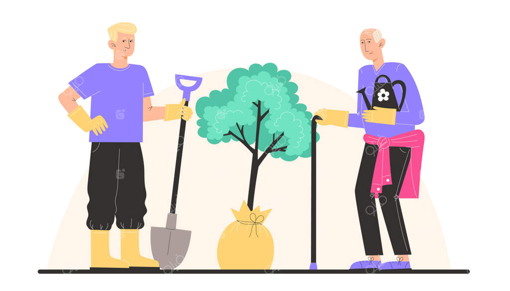 کاشت نهال توسط نوه و پدربزرگ در باغچه