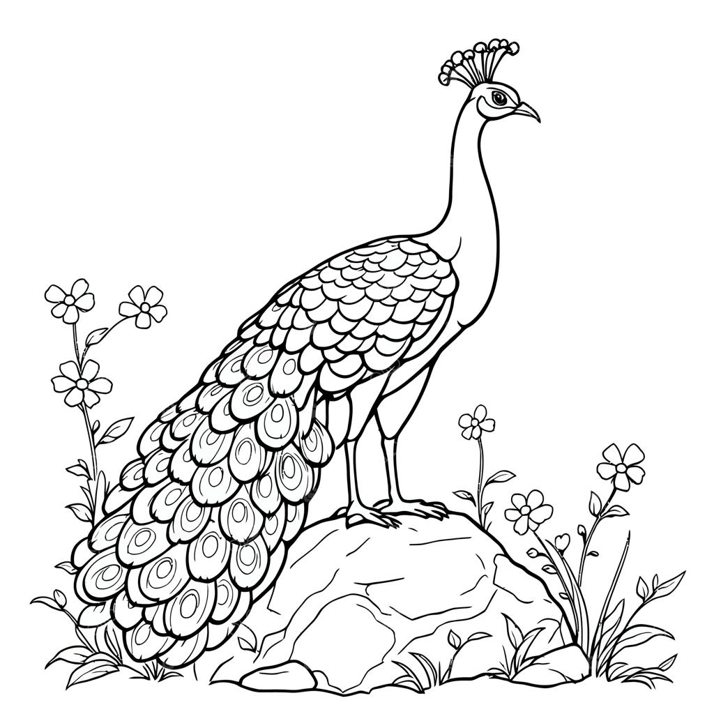 نقاشی خطی صفحه رنگ‌آمیزی: طاووس باشکوه بر روی سنگی در میان گل‌های لطیف