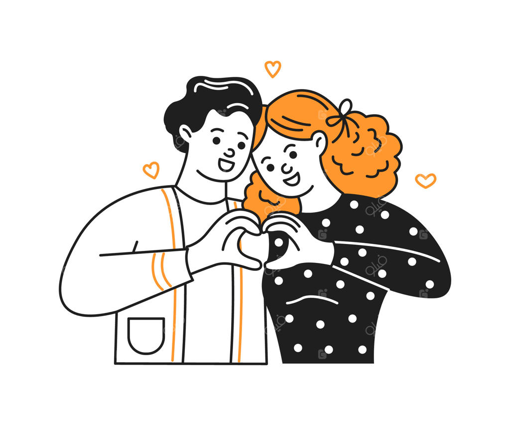 تصویر کارتونی زوجی در حال لبخند که با دستان خود شکل قلب می‌سازند. با حال و هوای شاد و پرانرژی. طراحی مینیمالیستی با رگه‌هایی از نارنجی و سیاه.