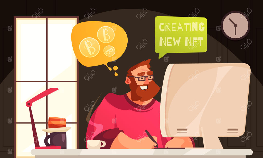 پس‌زمینه غیرقابل تعویض با شخصیت مردی که با کامپیوتر در حال ایجاد ان اف تی جدید است - تصویر برداری