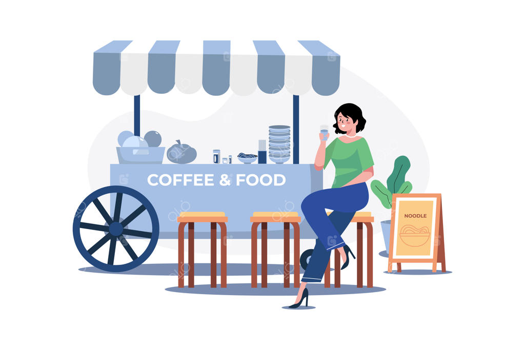 طرح مفهومی کافه غذای خیابانی بر روی زمینه سفید