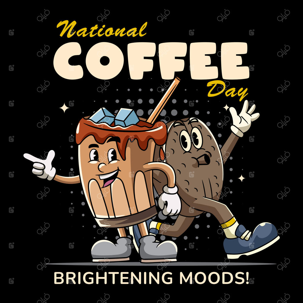 تصویر شخصیت بامزه دانه قهوه و آیس‌کافی کارتونی به سبک رترو وینتیج دهه‌های ۷۰ و ۸۰ برای استیکر، پوستر، بروشور، کارت دعوت، کارت تبریک و بنر