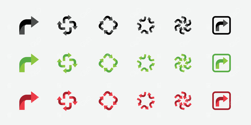 مجموعه نمادهای بازیافت: مجموعه نماد پیکان، نماد سطل زباله، نماد دایره پیکان داخل و خارج.