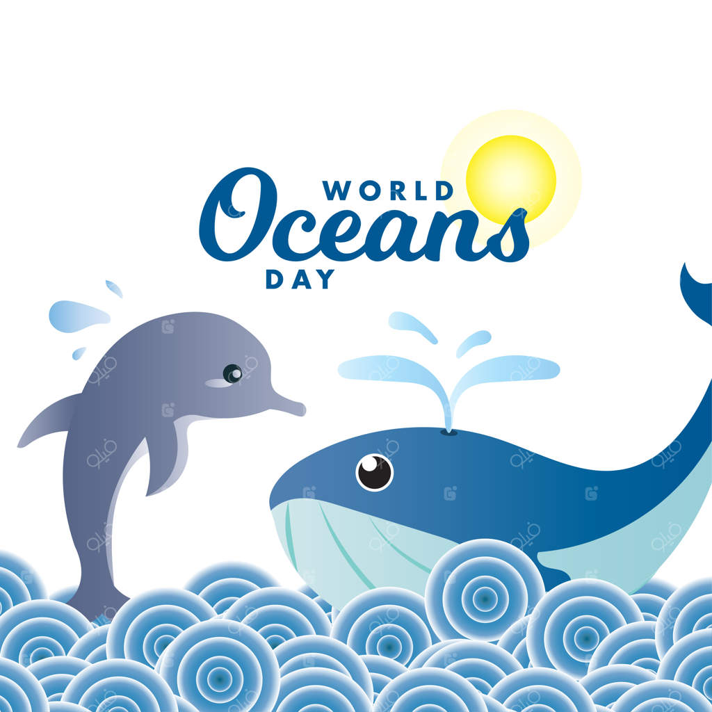 روز جهانی اقیانوس‌ها ۸ ژوئن: طراحی پوستر وکتور نهنگ و دلفین زیر آب برای بنر پس‌زمینه