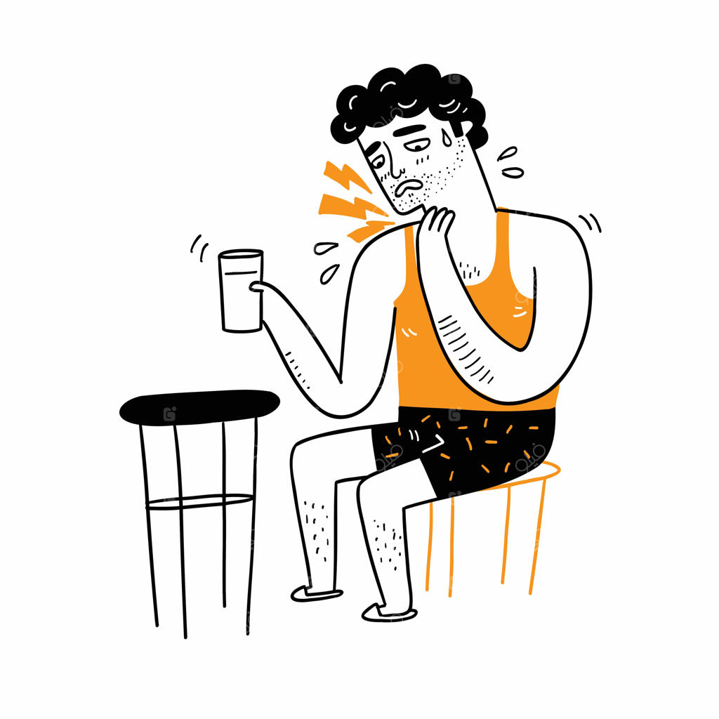 یک مرد دچار مشکلات خواب و بیماری مادرزادی است که صبح‌ها گلودرد دارد - تصویرسازی دستی به سبک دودل