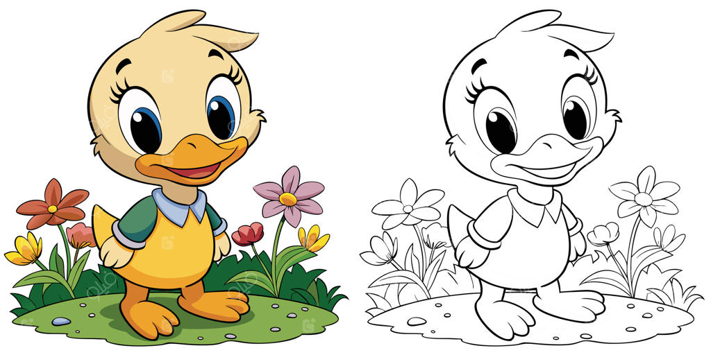 کتاب رنگ‌آمیزی جوجه اردک بامزه برای کودکان. اردک کوچولو در باغ - طرح کارتونی از حیوانات