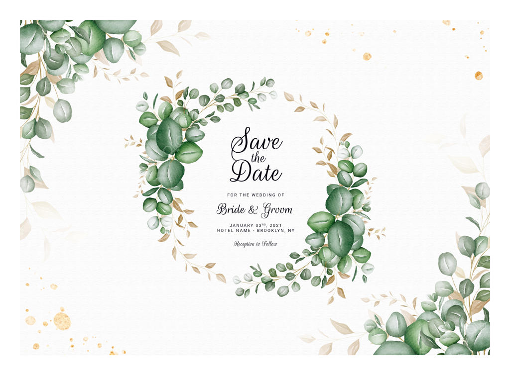 قالب کارت دعوت عروسی افقی با طرح حلقه و برگ‌های اکالیپتوس و تزئین حاشیه‌ای. طرح گیاهی کارت دعوت