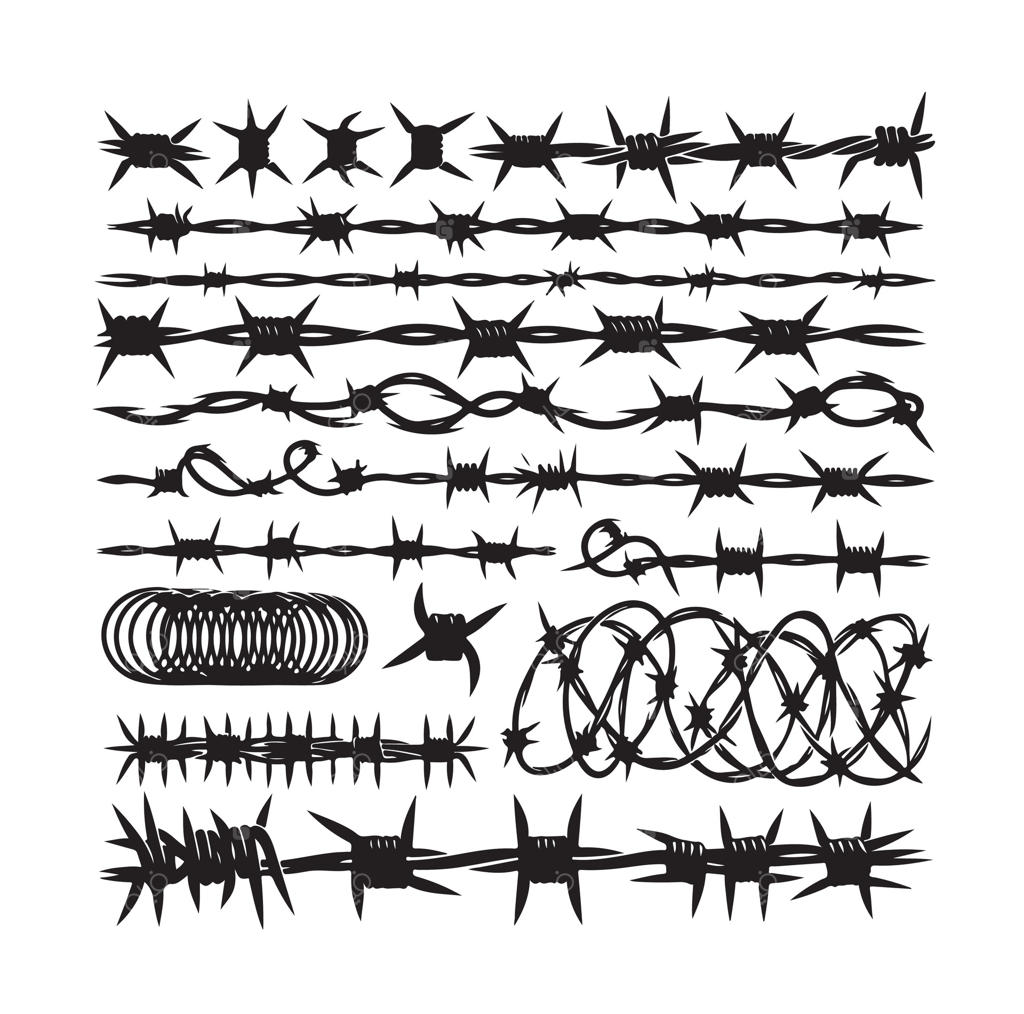 سیم خاردار روی پس‌زمینه سفید. سیم تیغ‌دار در سبک هندسی و مینیمال. مجموعه نرده‌کشی خشن زندان. مناسب برای طراحی وب سایت.