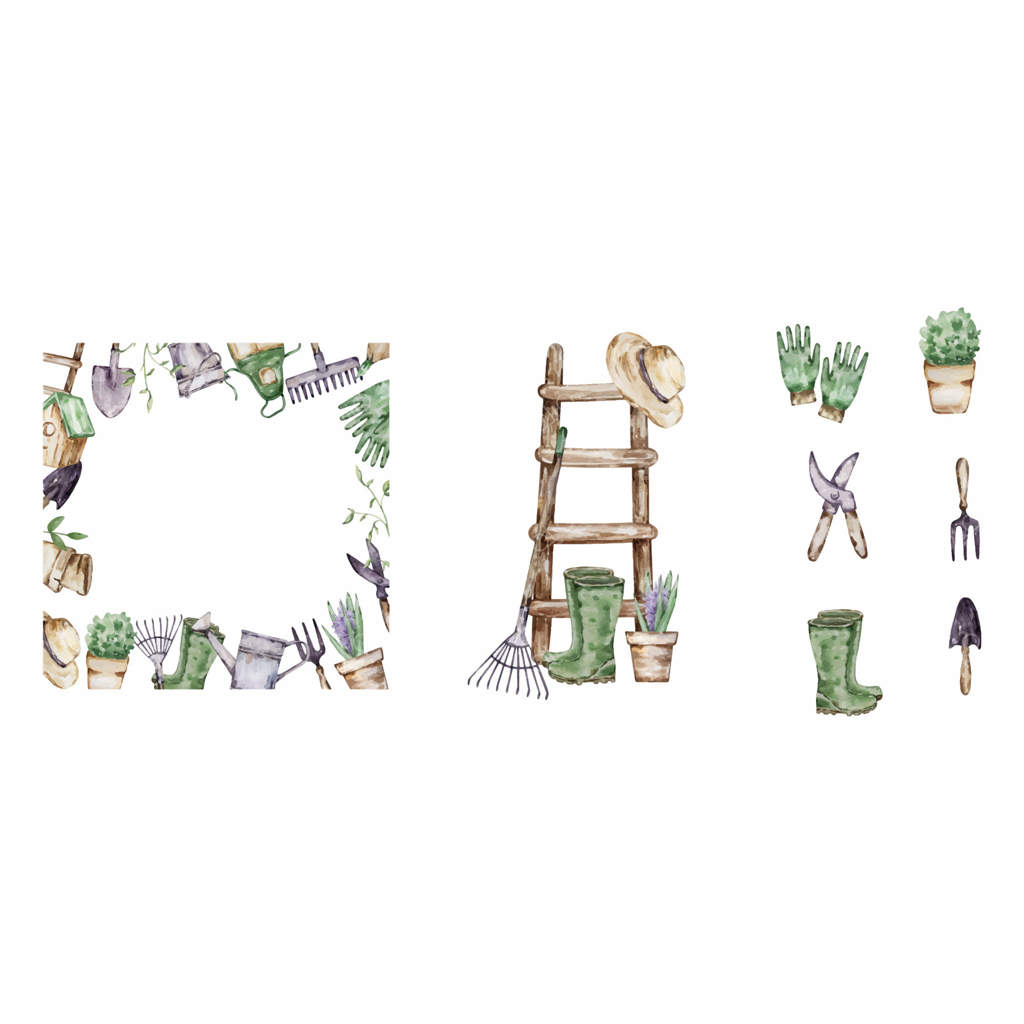 قاب باغ آبرنگی با عناصر ابزار باغبانی