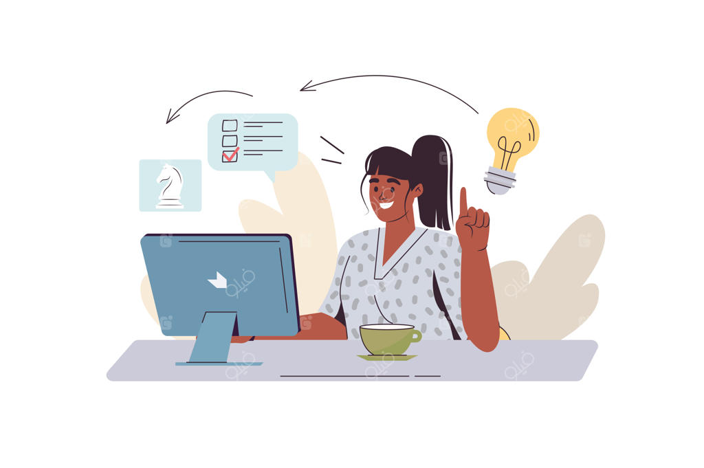 طرح مفهومی بارش فکری و ایده‌پردازی دختر با طراحی کارتونی تخت