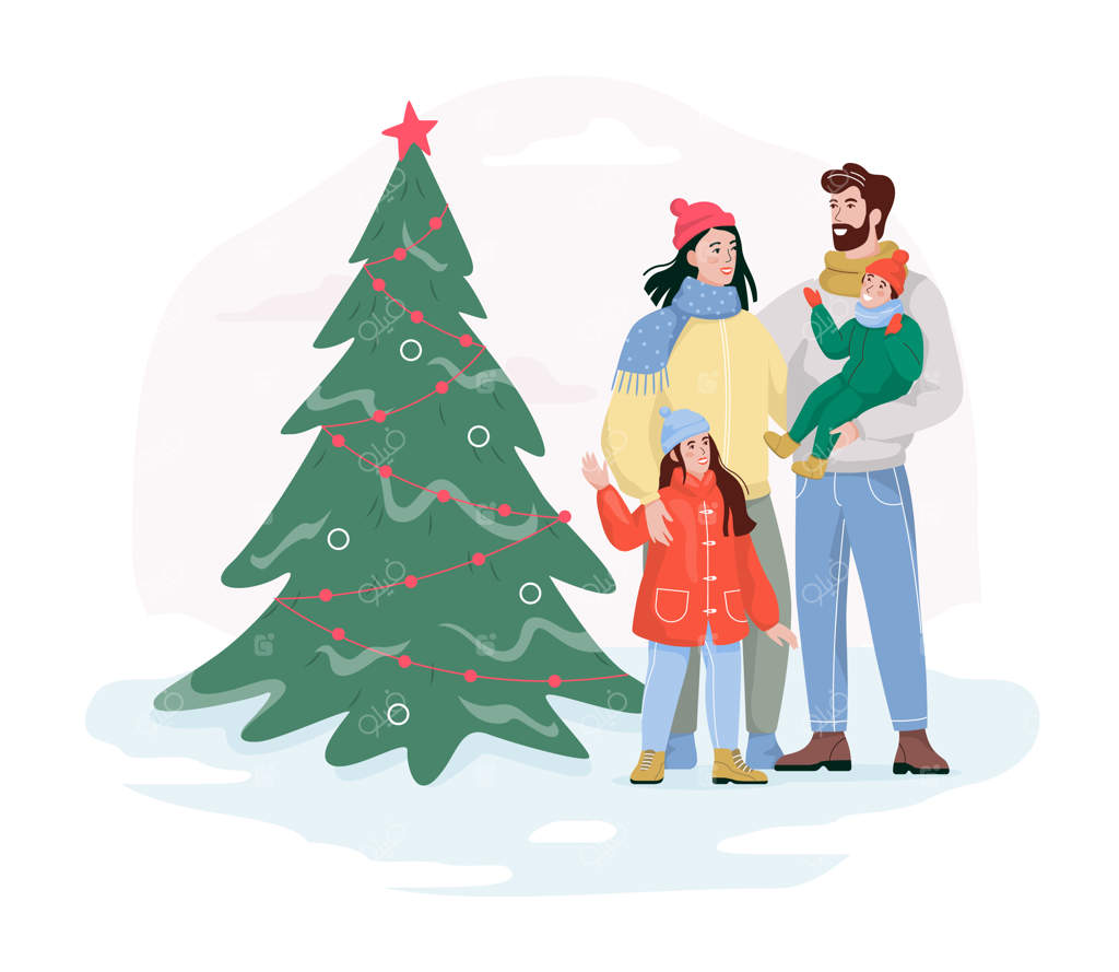 خانواده‌ای کنار درخت کریسمس در خیابان. جشن سنتی