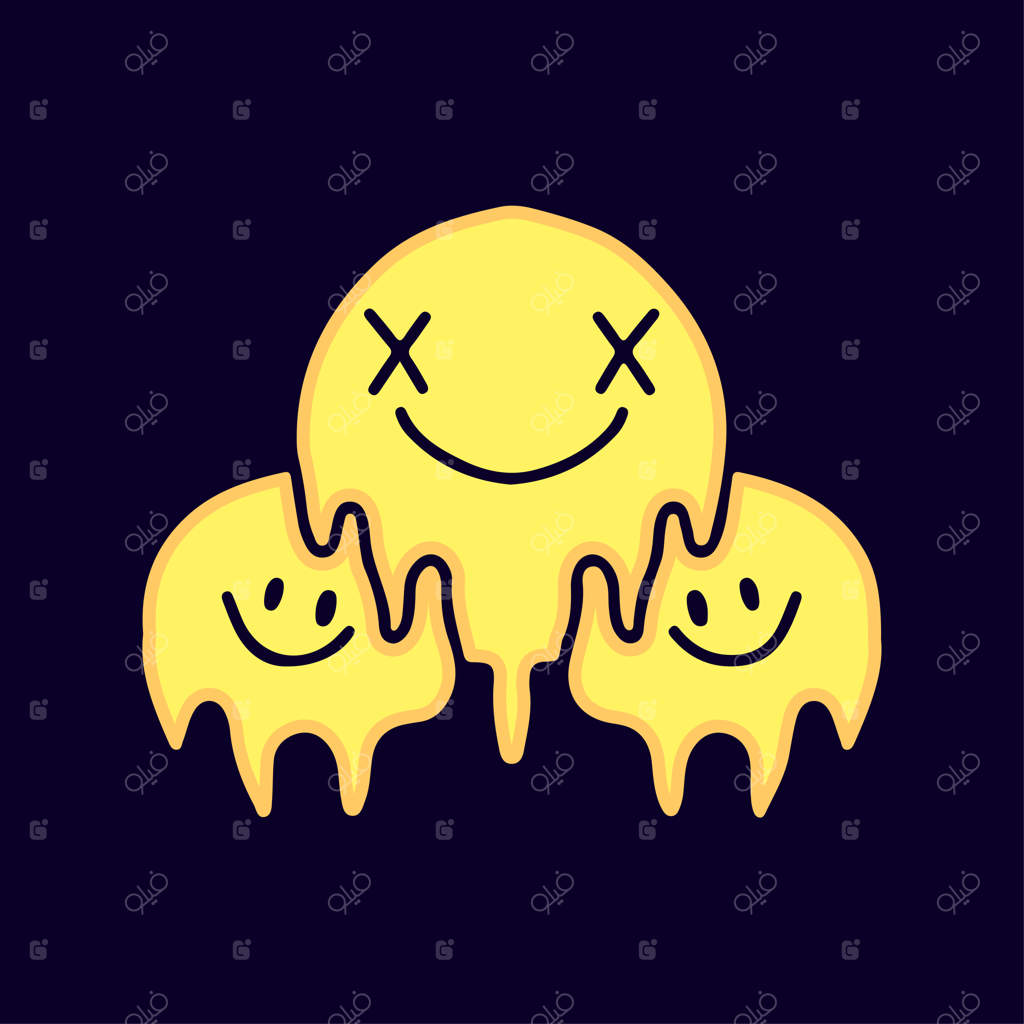 کارتون صورت ایموجی خندان سایکدلیک، طراحی برای تی‌شرت و برچسب.