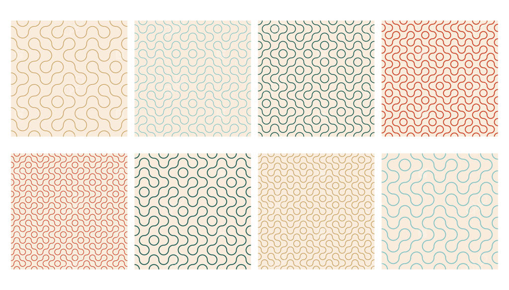 مجموعه الگوهای بدون درز ترشه با خطوط نازک و اشکال گرد. طرح‌های هندسی مدرن با خطوط منحنی. مجموعه‌ای از پس‌زمینه‌های موزاییکی معاصر با چرخش و الگوی بی‌نهایت.