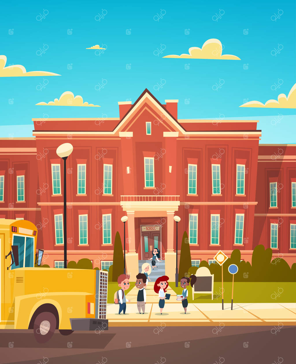 گروهی از دانش‌آموزان نژادهای مختلف جلوی ساختمان دبستان ایستاده‌اند