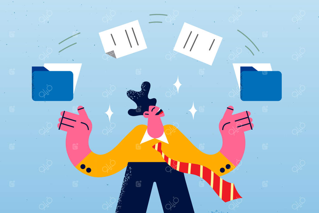 کارمند خوشحال با لبخند و پوشه‌ها: انتقال فایل‌ها با فناوری بی‌سیم. تاجر مشغول با مدارک و اشتراک‌گذاری داده‌های تجاری. илՄینمالیستیک.